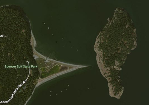 Aerial photograph of Spencer Spit State Park showing the triangular beach.